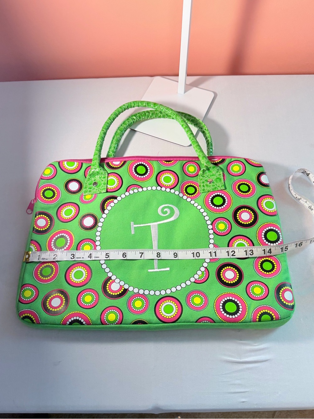Green and Pink Patterned Laptop Bag with Initial Accent - Picture 5 of 5